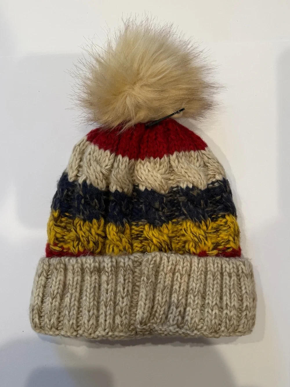 Kids Knit Pom Beanie Hat in Red, Cream, Mustard & Navy